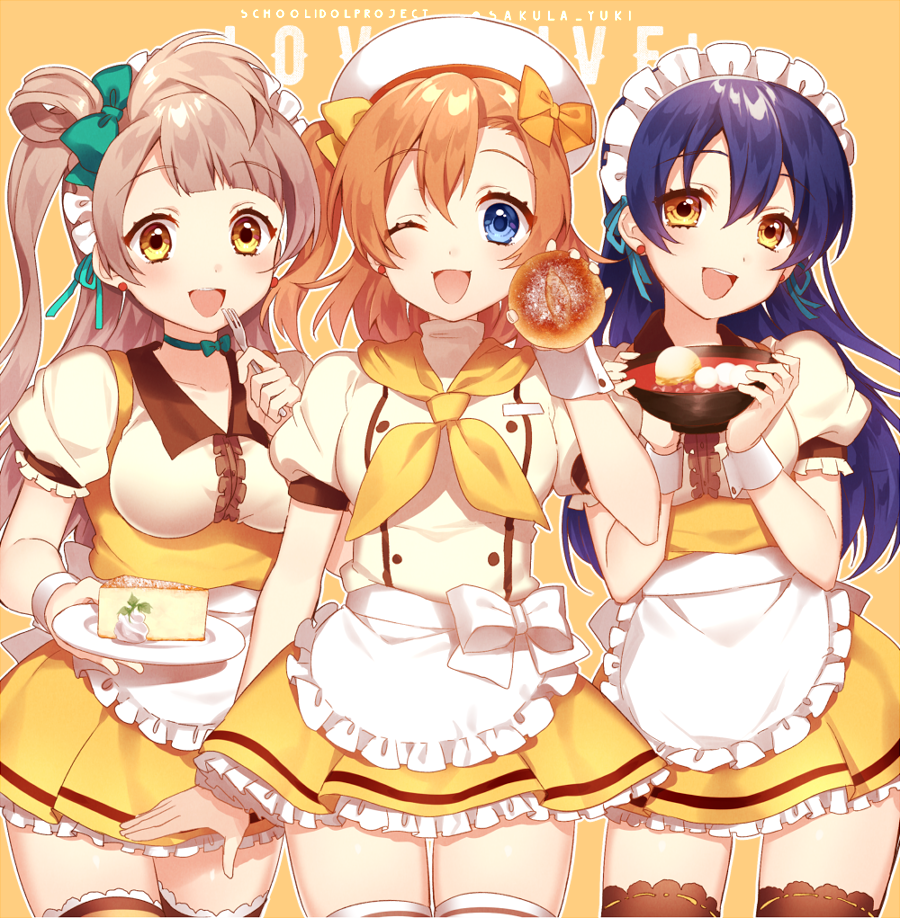 3girls :d alternate_costume apron aqua_bow aqua_ribbon arm_at_side bangs beret blue_eyes blue_hair blue_ribbon bow bowl bread breasts brown_legwear cake center_frills chef_uniform choker collarbone copyright_name cowboy_shot cream double-breasted earrings eyebrows eyebrows_visible_through_hair food fork frilled_apron frilled_skirt frilled_sleeves frills hair_between_eyes hair_bow hair_ribbon hat head_tilt holding holding_bowl holding_food holding_fork holding_plate ichinose_yukino jewelry jumper kousaka_honoka long_hair love_live!_school_idol_project maid_headdress minami_kotori miniskirt mochi multiple_girls neckerchief one_side_up open_mouth orange_bow orange_hair outline pastry plate puffy_short_sleeves puffy_sleeves ribbon short_hair short_sleeves silver_hair simple_background skirt slice_of_cake smile sonoda_umi soup sweets thigh-highs thigh_gap turtleneck twitter_username uniform wagashi waist_apron white_apron white_hat wrist_cuffs yellow_background yellow_bow yellow_eyes yellow_skirt
