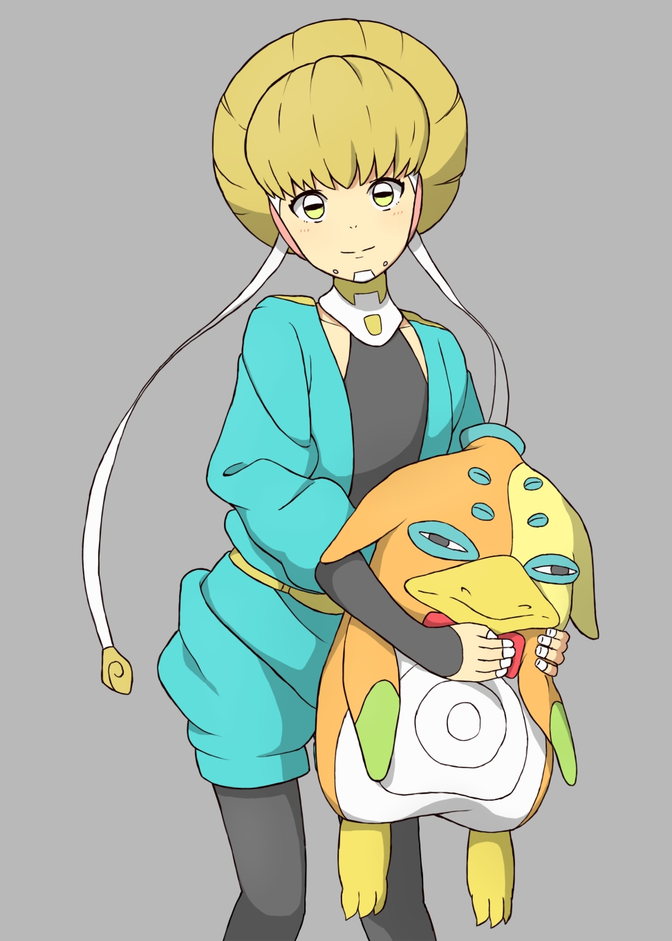 1girl adelie_(space_dandy) alien black_legwear flat_chest green_eyes hair_bun highres light_smile solo space_dandy stuffed_animal stuffed_bird stuffed_toy you_(maumauyo)