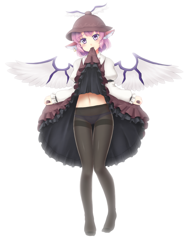 1girl black_legwear blush brown_dress brown_hat collared_shirt dress dress_in_mouth dress_lift earrings frilled_dress frilled_sleeves frills full_body gomi_(gomitin) hat head_tilt head_wings jewelry juliet_sleeves lifted_by_self long_sleeves looking_at_viewer midriff mouth_hold mystia_lorelei navel panties panties_under_pantyhose pantyhose pink_hair puffy_sleeves purple_panties shirt short_hair solo standing stomach thigh_gap thighband_pantyhose touhou underwear violet_eyes white_dress white_wings wings