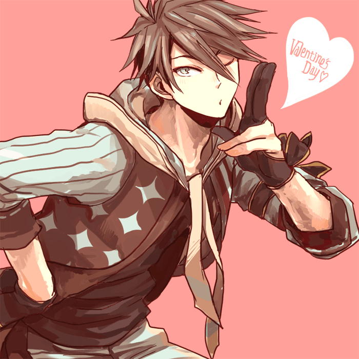 1boy akuno_hideo character_request gloves haru_(spr) idolmaster idolmaster_side-m male_focus partly_fingerless_gloves pink_background solo valentine