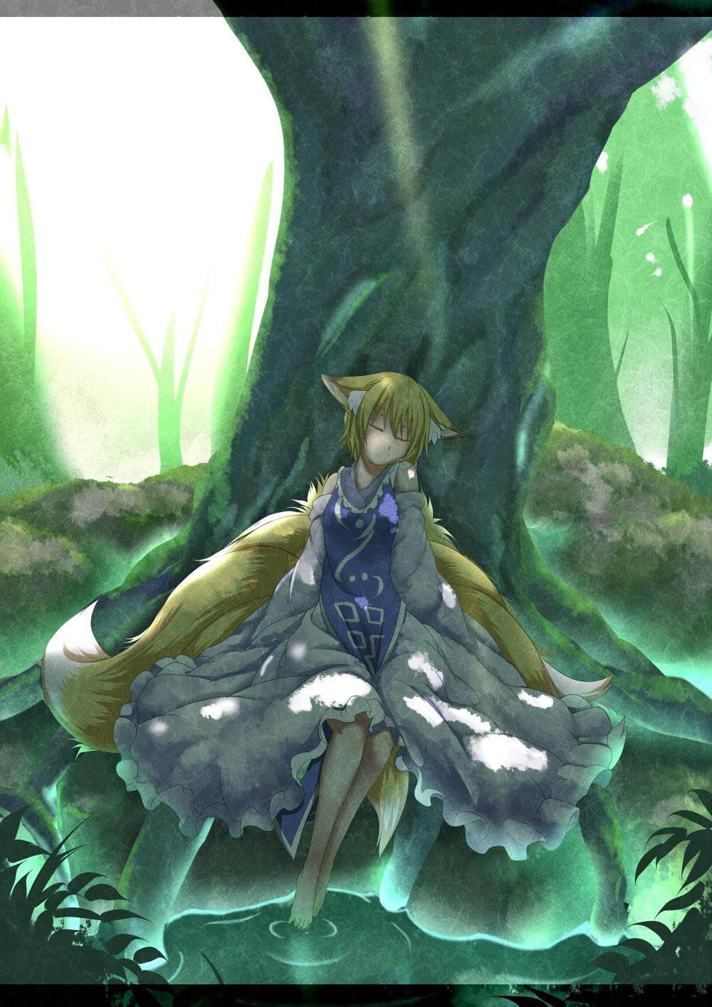 1girl adapted_costume animal_ears bare_shoulders barefoot blonde_hair closed_eyes commentary_request dappled_sunlight detached_sleeves dress fox_ears fox_tail full_body highres kyuubi letterboxed long_sleeves multiple_tails no_hat short_hair sleeping solo sunlight tabard tail tamahana touhou tree under_tree white_dress wide_sleeves yakumo_ran
