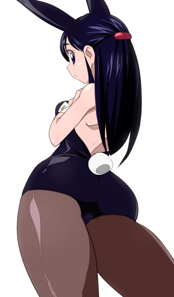 1girl alternate_costume animal_ears ass bare_shoulders black_hair breasts bunny_girl bunny_tail bunnysuit commentary_request eyebrows futari_wa_precure futari_wa_precure_max_heart half_updo long_hair looking_at_viewer looking_back manji_(tenketsu) pantyhose precure rabbit_ears sideboob sleeve_cuffs solo tail thick_eyebrows violet_eyes wide_hips yukishiro_honoka