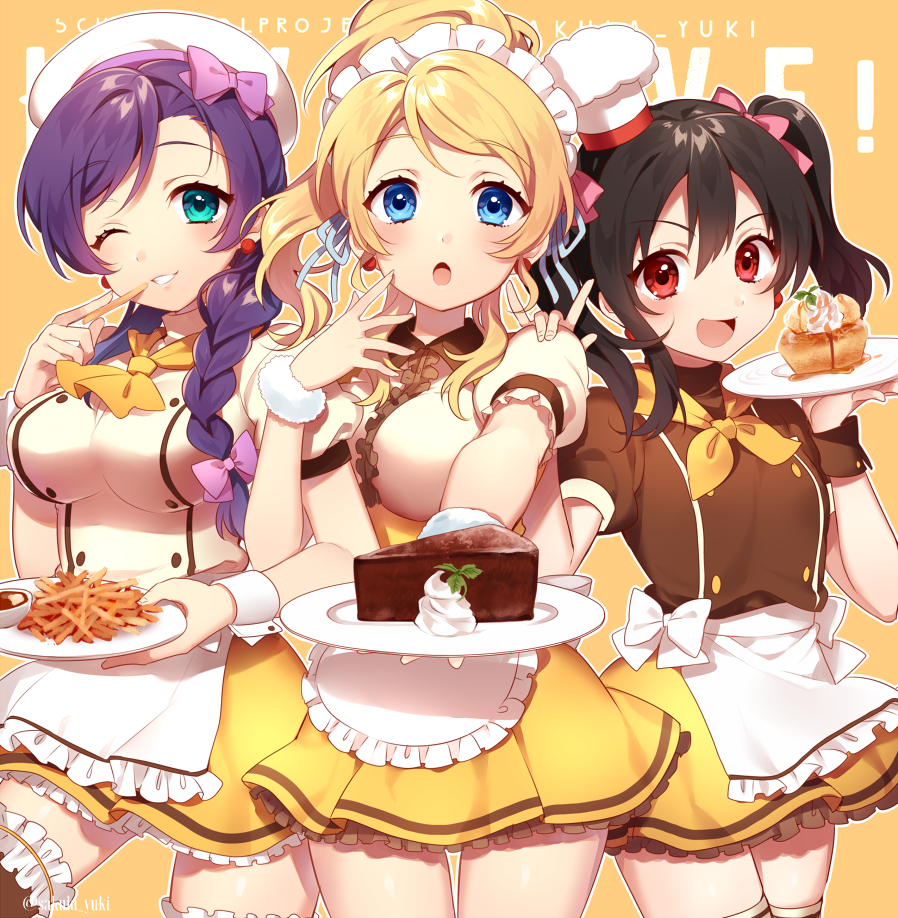 ! 3girls :d :o ;d alternate_costume apron aqua_eyes ayase_eli bangs beret black_hair blonde_hair blue_eyes blue_ribbon bow braid breasts brown_legwear cake chef_hat chef_uniform chips chocolate copyright_name cowboy_shot cream double-breasted eyebrows eyebrows_visible_through_hair eyelashes fingernails food frilled_apron frilled_skirt frilled_sleeves frills fur_trim garters hair_bow hair_over_shoulder hair_ribbon hand_on_another's_shoulder hat holding holding_food holding_plate ichinose_yukino locked_arms long_fingernails long_hair love_live!_school_idol_project maid_headdress miniskirt multiple_girls neckerchief one_eye_closed open_mouth outline pink_bow plate ponytail puffy_short_sleeves puffy_sleeves purple_hair red_eyes ribbon sauce short_sleeves simple_background skirt slice_of_cake smile swept_bangs thigh-highs thigh_gap toque_blanche toujou_nozomi twintails twitter_username waist_apron white_apron white_hat wrist_cuffs yazawa_nico yellow_background yellow_skirt