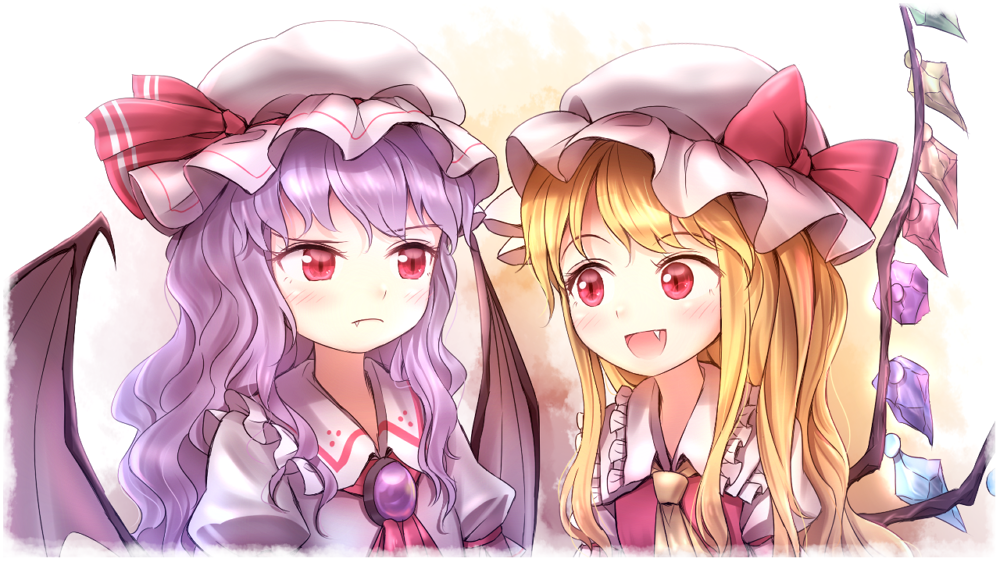 2girls :d alternate_hair_length alternate_hairstyle ascot bat_wings blonde_hair blush bow brooch collar fang fang_out flandre_scarlet frilled_collar frills frown hat hat_bow jewelry lavender_hair long_hair looking_at_another minust mob_cap multiple_girls open_mouth puffy_short_sleeves puffy_sleeves raised_eyebrow red_eyes red_vest remilia_scarlet shirt short_sleeves siblings sisters slit_pupils smile touhou upper_body wavy_hair white_shirt wings