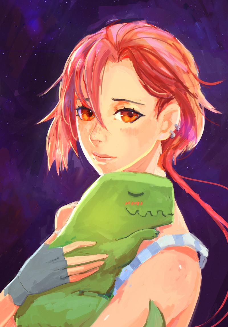 1girl arsenixc dinosaur ear_piercing fingerless_gloves freckles gloves hair_between_eyes holding meteora ora_(meteora) orange_eyes piercing pink_hair shirt short_hair sketch solo striped striped_shirt