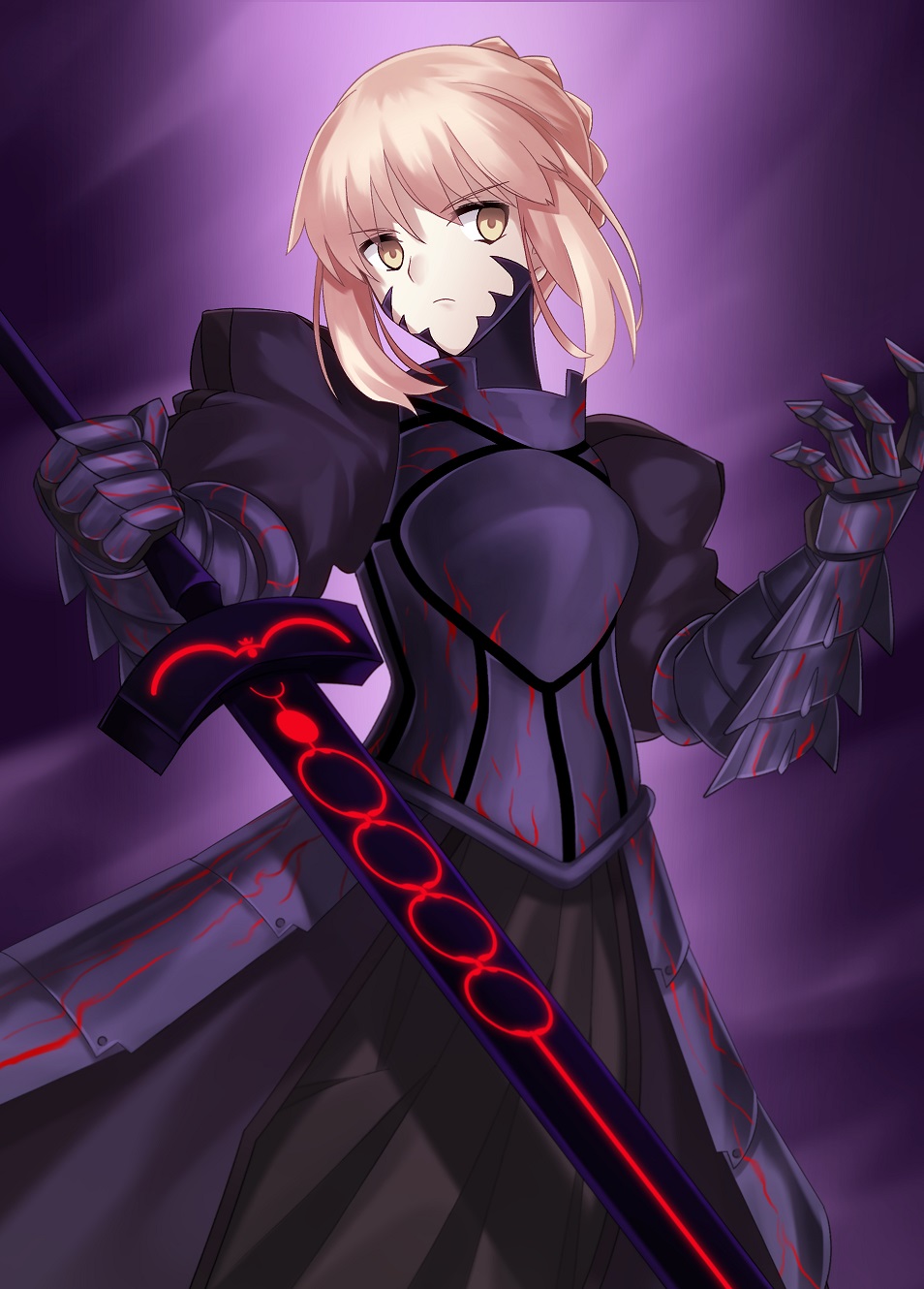 1girl armor blonde_hair braid excalibur fate/grand_order fate/stay_night fate_(series) highres looking_at_viewer metal_gloves minamina saber saber_alter solo sword weapon yellow_eyes