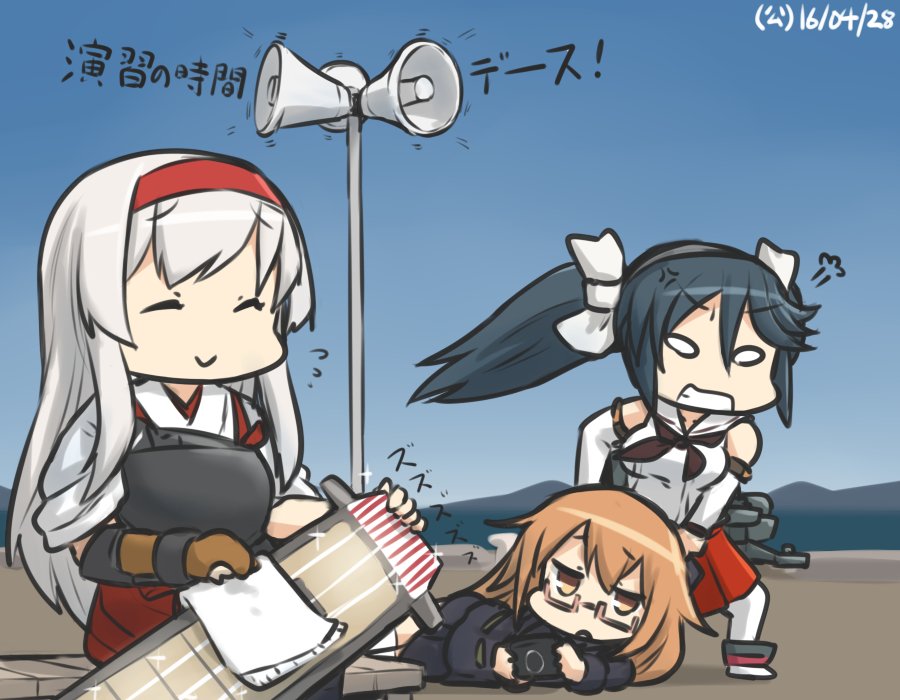 3girls anger_vein annoyed bench blue_sky brown_hair commentary dated dragging flight_deck glasses hair_ribbon hairband hakama_skirt hamu_koutarou handheld_game_console isuzu_(kantai_collection) japanese_clothes kantai_collection long_hair loudspeaker mochizuki_(kantai_collection) multiple_girls muneate neckerchief playstation_portable polishing ribbon school_uniform serafuku shoukaku_(kantai_collection) sitting_on_bench sky solid_oval_eyes sparkle translated twintails