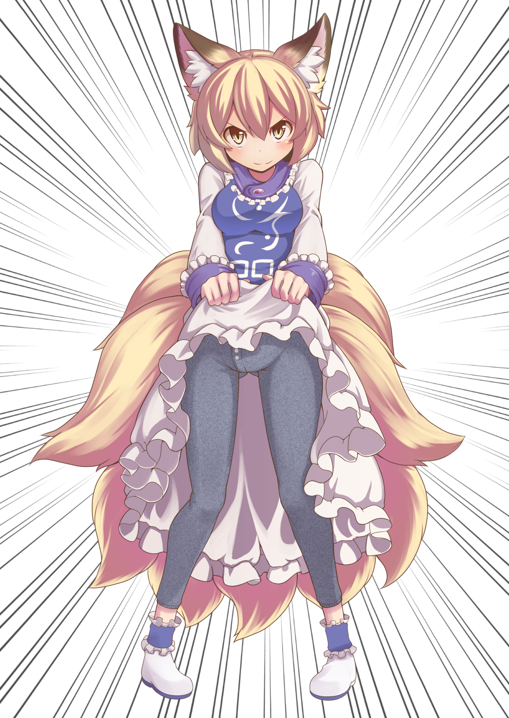 &gt;:) 1girl animal_ears ass_visible_through_thighs blonde_hair blush breasts dress fox_ears fox_tail full_body highres kyuubi long_sleeves looking_at_viewer multiple_tails no_hat pants pants_under_skirt short_hair skirt skirt_lift smile solo tabard tail tamahana thermal_underwear touhou white_dress yakumo_ran yellow_eyes younger