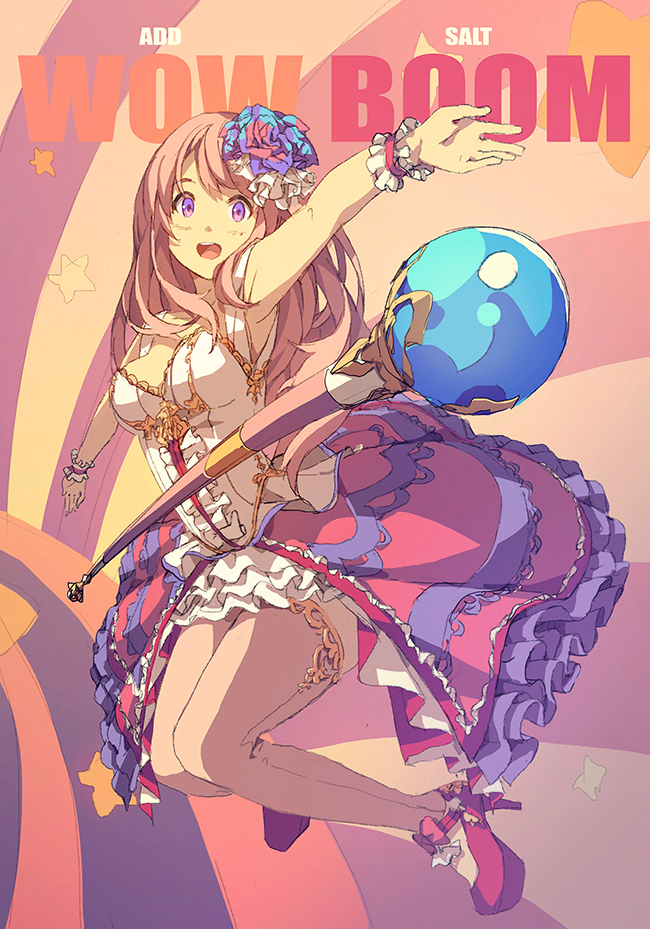 1girl breasts cleavage dress flower foreshortening frilled_dress frills full_body hair_flower hair_ornament high_heels open_mouth original pink_hair round_teeth smile solo staff teeth thigh-highs violet_eyes wrist_cuffs yohan12