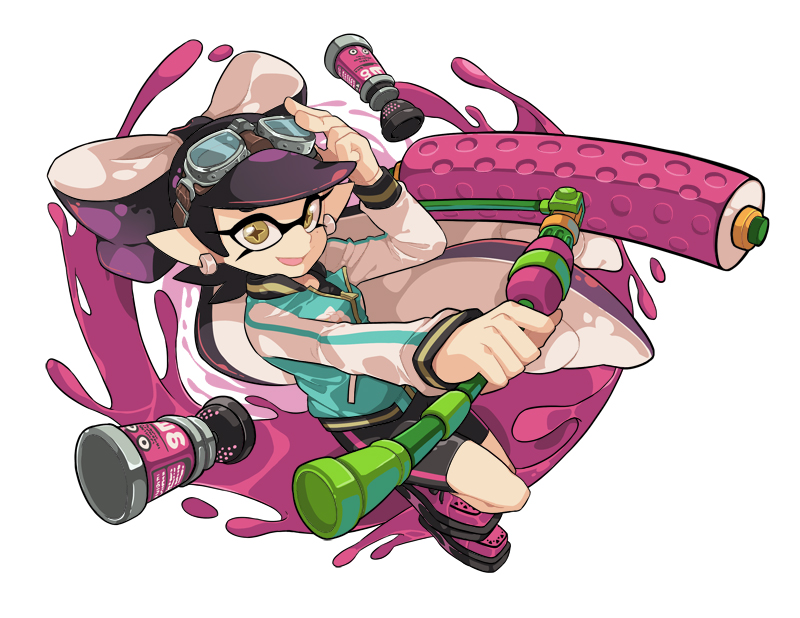 +_+ 1girl aori_(splatoon) goggles goggles_on_head hat ink looking_at_viewer nintendo pointy_ears solo splat_roller splatoon suction_bomb tentacle_hair wong_ying_chee