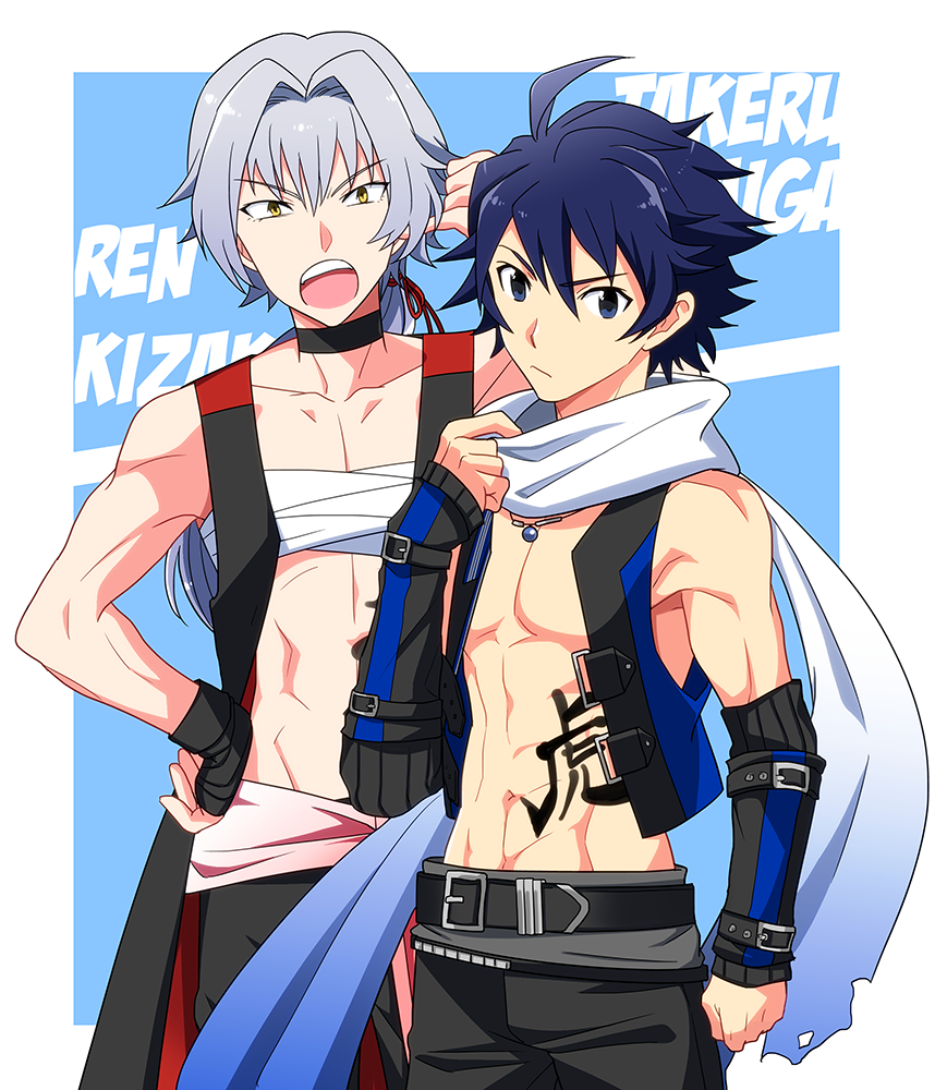 2boys abs black_hair blue_background blue_eyes character_name clenched_hand cowboy_shot fingerless_gloves gloves hair_tie idolmaster idolmaster_side-m jewelry kanji kizaki_ren koutake_hiroyoshi long_ponytail looking_at_viewer male_focus multiple_boys necklace open_clothes open_mouth open_vest ponytail sarashi scarf silver_hair simple_background taiga_takeru vest yellow_eyes