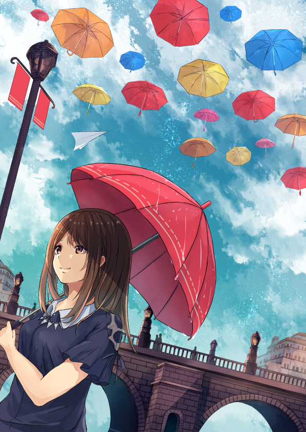 1girl akira_(mr_akira) brown_hair long_hair original parasol rain sky smile solo umbrella