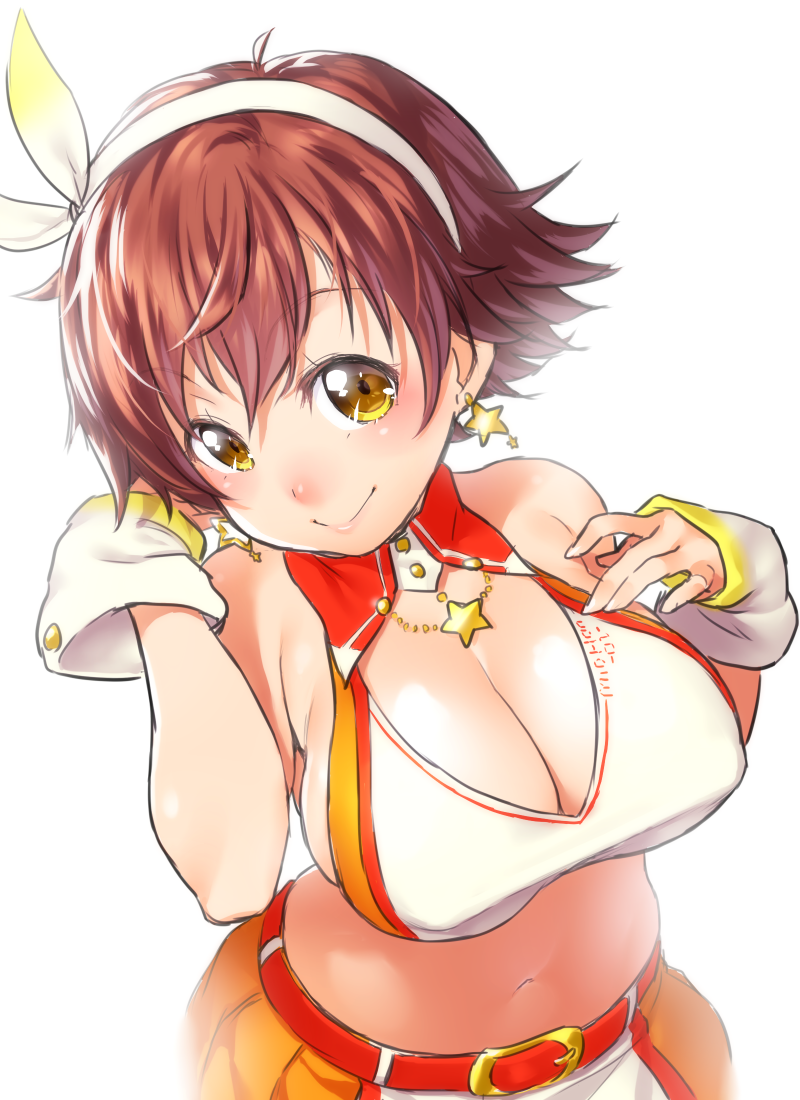 1girl :&gt; arm_up arm_warmers armpits bare_shoulders belt belt_buckle blush breasts brown_hair buckle closed_mouth collared_vest cowboy_shot earrings hair_ribbon hairband hand_in_hair hand_on_own_chest head_tilt honda_mio idolmaster idolmaster_cinderella_girls jewelry large_breasts midriff multicolored_skirt navel onsoku_maru ribbon short_hair sleeveless smile solo star star_earrings stomach sunset_nostalgie tareme vest white_ribbon yellow_eyes