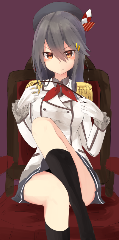 &gt;:) 1girl beret black_hat black_legwear blush chair closed_mouth cosplay double-breasted epaulettes eyebrows eyebrows_visible_through_hair frilled_sleeves frills gloves hair_between_eyes hair_ornament hairclip hands_on_own_chest haruna_(kantai_collection) hat holding kantai_collection kashima_(kantai_collection) kashima_(kantai_collection)_(cosplay) knee_up kneehighs long_sleeves looking_at_viewer neckerchief one_leg_raised purple_background simple_background sitting skirt smile solo white_coat white_gloves yuki_(yukin0128)