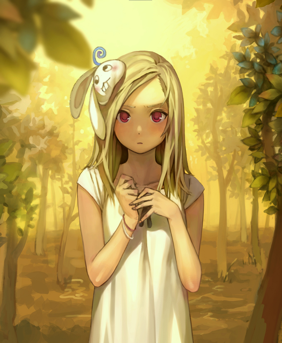 1girl blonde_hair blurry bracelet bunny_hair_ornament collarbone depth_of_field dress forest frown hair_ornament jewelry nature original red_eyes sky solo tree upper_body white_dress yellow yellow_sky yohan12