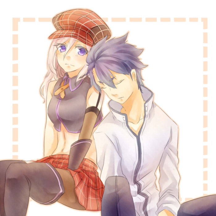 1boy 1girl alisa_ilinichina_amiella bare_shoulders black_boots black_gloves black_hair blue_eyes boots breasts cabbie_hat elbow_gloves fingerless_gloves gloves god_eater hat large_breasts long_hair looking_at_viewer navel plaid player_(god_eater_burst) short_hair silver_hair simple_background skirt sora_(haso) suspender_skirt suspenders thigh-highs thigh_boots