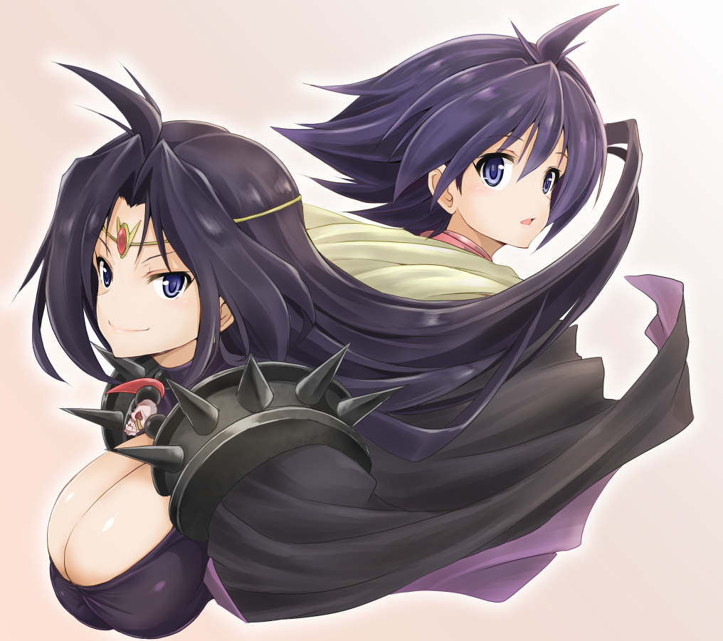 2girls ahoge amelia_wil_tesla_seyruun armor asahi_(fullmetal_madness) black_cape blue_eyes breasts cape circlet cleavage jewelry large_breasts long_hair looking_at_viewer multicolored_cape multiple_girls naga_the_serpent open_mouth purple_cape purple_hair short_hair shoulder_spikes skull slayers smile spikes