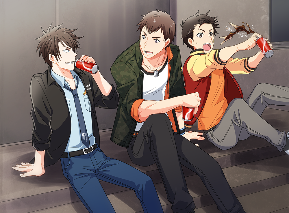 3boys akuno_hideo bandaid bandaid_on_face black_hair blue_eyes brown_hair casual denim dog_tags frame_(idolmaster) grey_hair idolmaster idolmaster_side-m jacket jeans kimura_ryuu koutake_hiroyoshi letterman_jacket looking_at_another male_focus multiple_boys necktie open_clothes open_jacket open_mouth pants sharp_teeth shingen_seiji sitting soda_can spiky_hair stairs sweatdrop teeth wristband