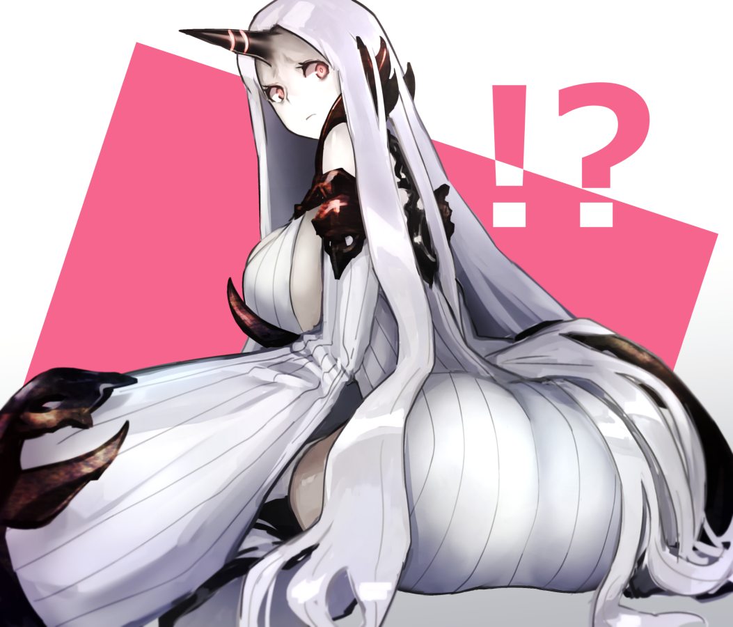 1girl ass bare_shoulders breasts claws detached_sleeves dress horn kantai_collection large_breasts long_hair looking_at_viewer looking_back ribbed_dress seaport_water_oni shinkaisei-kan short_dress sitting solo very_long_hair weasel_(close-to-the-edge) white_hair