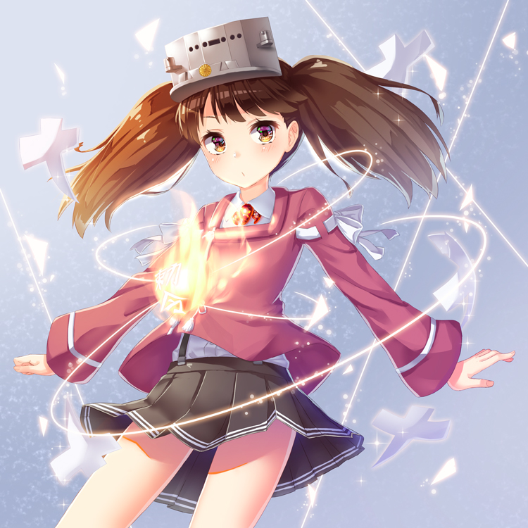 1girl brown_hair fire japanese_clothes kantai_collection kariginu magatama motion_lines outstretched_arms pensuke pleated_skirt ryuujou_(kantai_collection) shikigami skirt solo spread_arms twintails visor_cap yellow_eyes