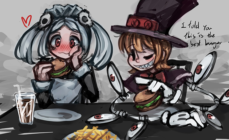 2girls :d apron bloody_marie_(skullgirls) blush bow chewing cola commentary_request dress drink eating english extra_eyes eye_socket food french_fries glass gloves grey_background hair_ornament hamburger hat heart holding holding_food looking_at_another maid maid_headdress mechanical_arms multiple_girls open_mouth orange_hair peacock_(skullgirls) plate pointing puffed_cheeks ray-k red_eyes sharp_teeth short_hair silver_hair sitting skull skull_hair_ornament skullgirls smile straw table teeth text top_hat twintails white_gloves