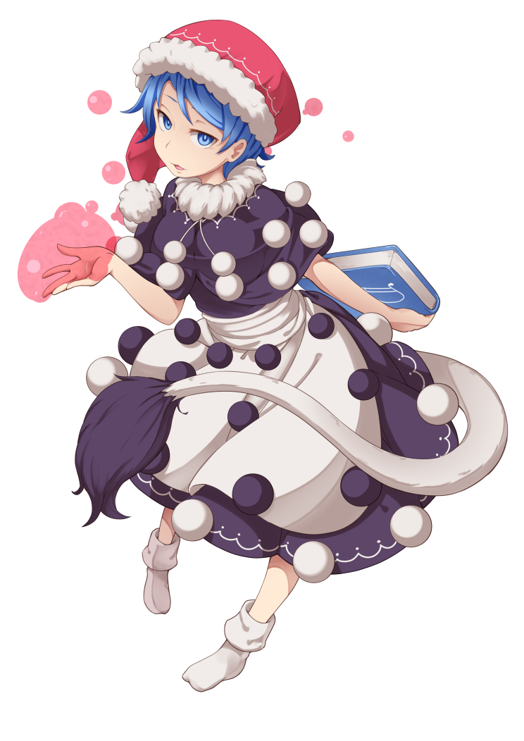1girl apron blob blue_eyes blue_hair book capelet doremy_sweet full_body hat looking_at_viewer nightcap parted_lips pom_pom_(clothes) short_hair short_sleeves socks solo tail tamahana touhou waist_apron white_background white_legwear