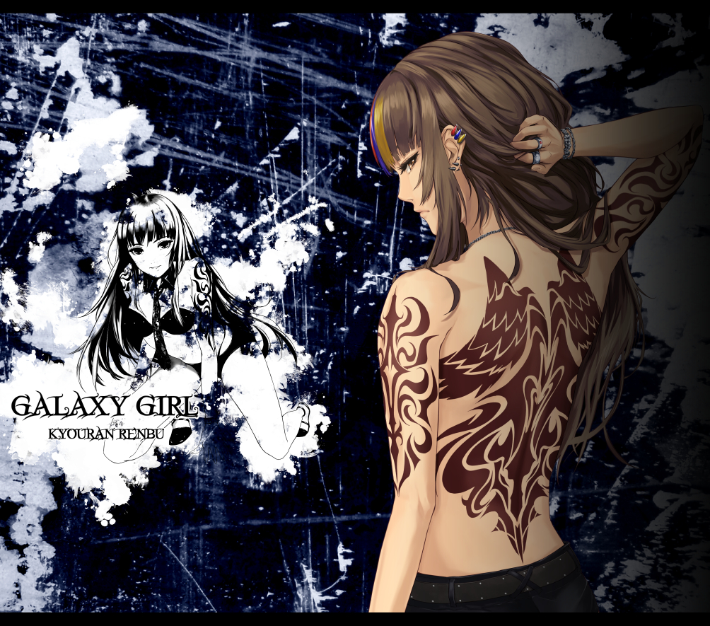 1girl alternate_costume back back_tattoo bangs belt between_legs blonde_hair blue_hair bra bracelet brown_eyes brown_hair character_name closed_mouth detached_collar din_(raiden) earrings eyelashes from_behind frown galaco hand_between_legs holding holding_hair jewelry letterboxed long_hair looking_at_viewer looking_back multicolored_hair multiple_views necklace necktie painting_(object) panties ring splatter tattoo topless underwear upper_body vocaloid wings