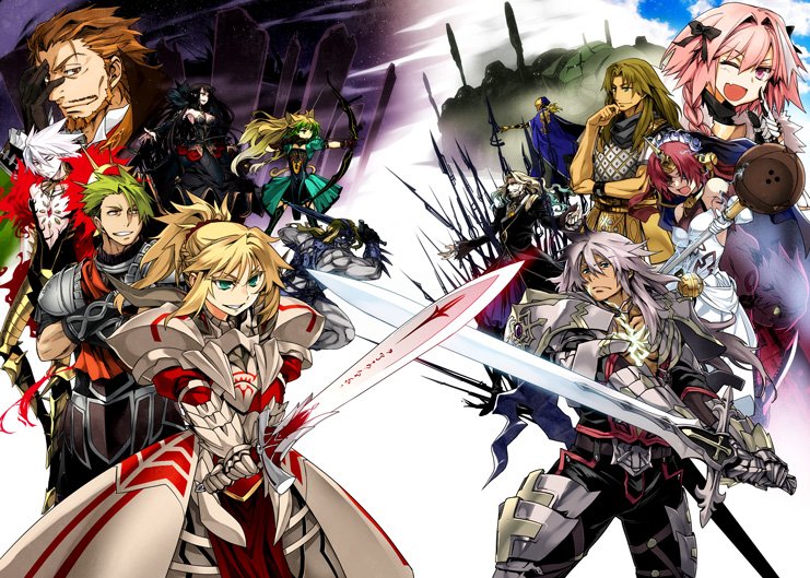 6+boys 6+girls ;d archer_of_black archer_of_red armor armored_dress arrow assassin_of_black beard berserker_of_black berserker_of_red black_gloves black_hair blonde_hair bow_(weapon) braid breasts brown_hair caster_of_black caster_of_red cleavage elbow_gloves faceoff facial_hair fang fate/apocrypha fate_(series) fighting_stance gauntlets gloves grin group_picture helmet holding holding_sword holding_weapon ishida_akira lancer_of_black lancer_of_red long_hair looking_at_viewer multiple_boys multiple_girls one_eye_closed open_mouth otoko_no_ko pauldrons pink_hair polearm rider_of_black rider_of_red saber_of_red smile spear sword violet_eyes weapon white_gloves white_hair