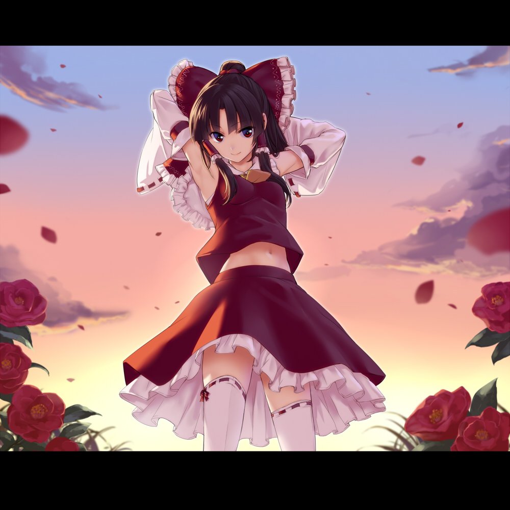 1girl armpits arms_behind_head arms_up ascot black_hair bow clouds commentary_request cowboy_shot detached_sleeves flower hair_bow hair_tubes hakurei_reimu letterboxed long_sleeves looking_at_viewer midriff navel petals pose red_eyes red_rose ribbon-trimmed_sleeves ribbon_trim rose shirt skirt skirt_set sky smile solo sunset takemori_shintarou thigh-highs touhou upskirt white_legwear wide_sleeves