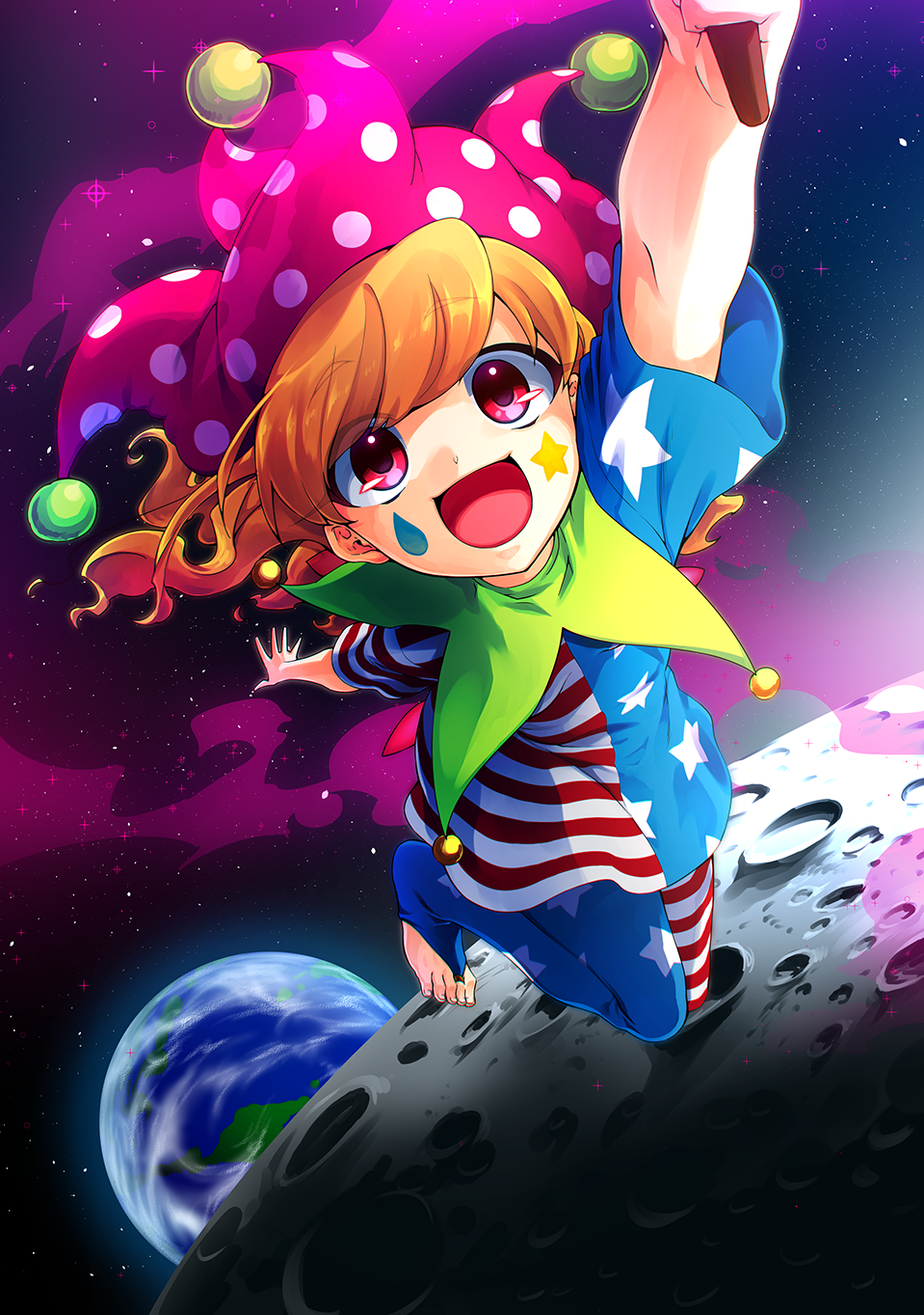 1girl american_flag_legwear american_flag_shirt blonde_hair clownpiece earth facial_mark futoumeido hat highres jester_cap long_hair looking_at_viewer moon open_mouth pantyhose pink_eyes polka_dot shirt short_sleeves sky smile solo space star star_(sky) starry_sky striped toeless_legwear torch touhou