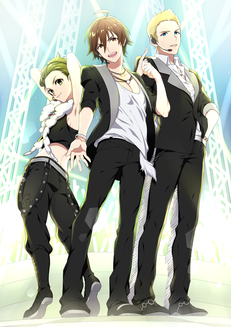 3boys ahoge amagase_touma arms_behind_head belt black_pants black_shoes blackish_961sp blonde_hair blue_eyes bracelet brown_eyes chain clenched_hand full_body green_eyes green_hair hand_in_pocket headset idol idolmaster idolmaster_side-m ijuuin_hokuto indoors jewelry jupiter_(idolmaster) lastholiday0316 looking_at_viewer male_focus mitarai_shouta multiple_boys necklace open_mouth outstretched_hand pants parted_lips shoes standing wristband