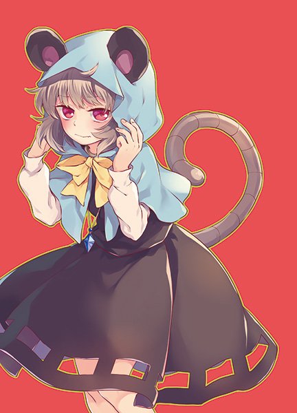1girl ahoge animal_ears blush bow bowtie capelet cowboy_shot cutout dress embarrassed grey_dress grey_hair hood jewelry long_sleeves looking_at_viewer mouse_ears mouse_tail nazrin necklace puffy_long_sleeves puffy_sleeves red_background red_eyes short_hair simple_background solo tail tomobe_kinuko touhou yellow_bow yellow_bowtie