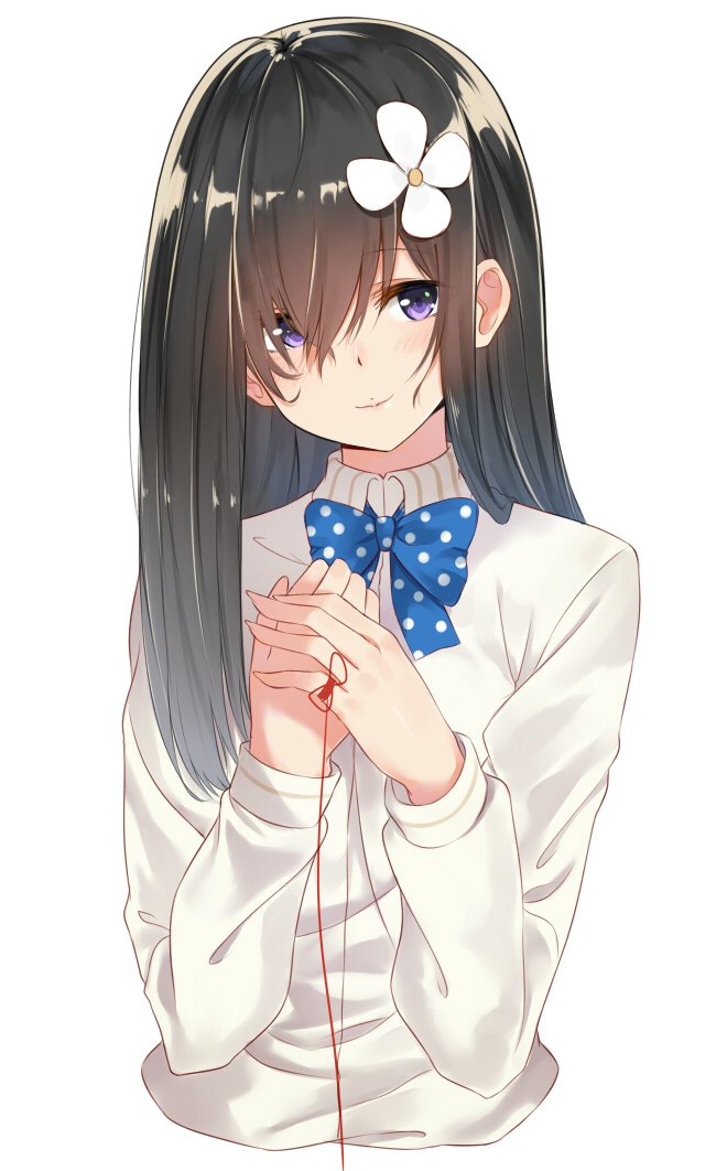 1girl blue_bow blue_bowtie blush bow bowtie brown_hair closed_mouth collared_shirt eyebrows eyebrows_visible_through_hair flower hair_flower hair_ornament hair_over_one_eye head_tilt isshiki_(ffmania7) long_hair looking_at_viewer original polka_dot polka_dot_bow polka_dot_bowtie red_ribbon red_string ribbon shirt simple_background smile solo string upper_body violet_eyes white_background white_flower white_shirt