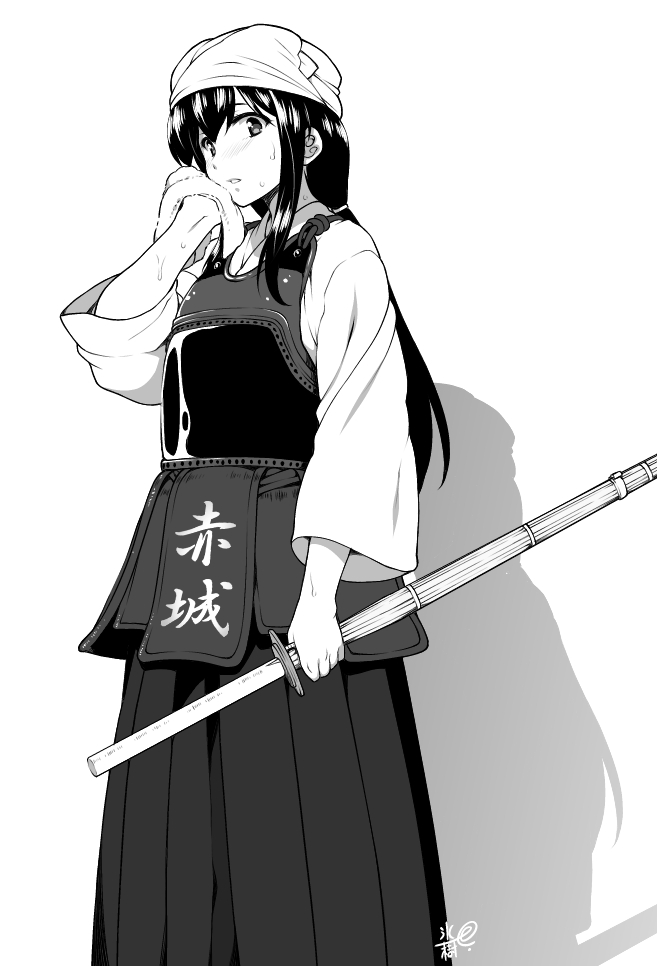 1girl akagi_(kantai_collection) alternate_costume alternate_hairstyle artist_name bougu character_name greyscale hakama hyouju_issei japanese_clothes kantai_collection kendo monochrome parted_lips shinai signature solo sweat sword tenugui towel weapon wiping_face