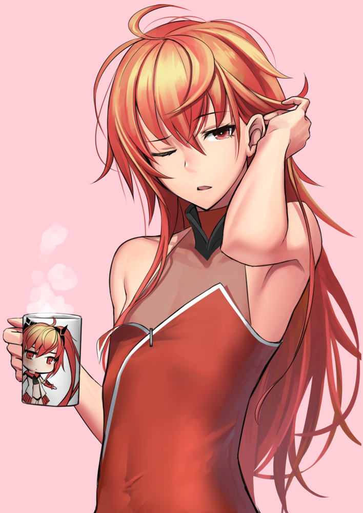 1boy androgynous bare_arms bare_shoulders character_print coffee_mug dress fate/grand_order fate_(series) hair_ornament hand_in_hair long_hair looking_at_viewer male_focus md5_mismatch one_eye_closed otoko_no_ko rama_(fate/grand_order) red_dress red_eyes redhead shijiu_(adamhutt) sita_(fate/grand_order) solo twintails upper_body very_long_hair