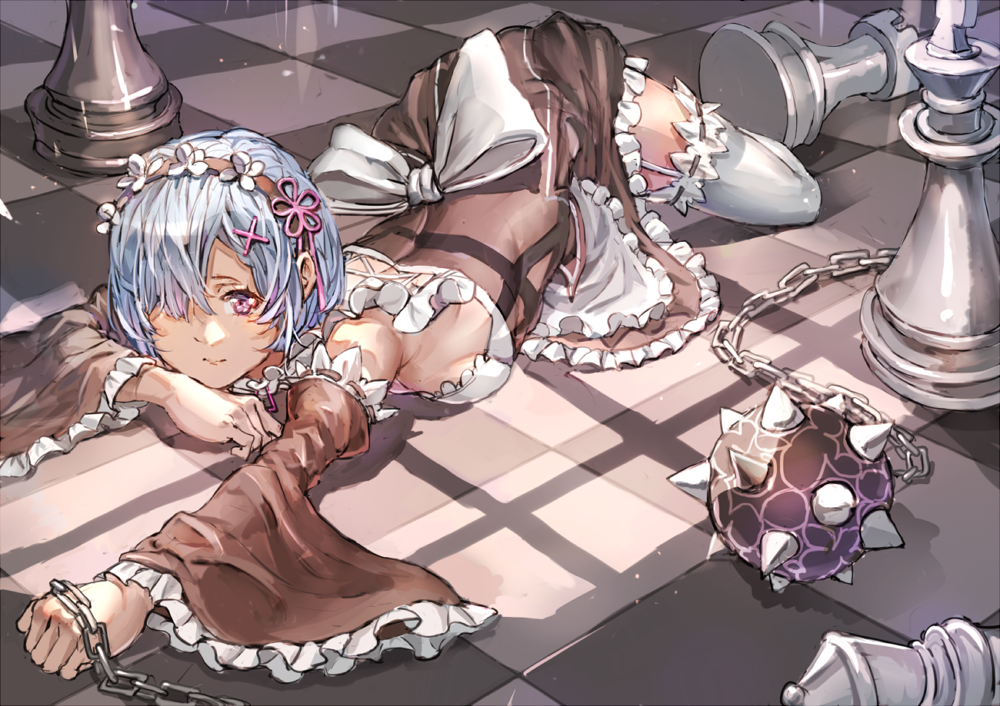 1girl alternate_eye_color apron arm_up ball_and_chain black_ribbon blue_hair board_game bow breasts checkered checkered_floor chess chess_piece closed_mouth detached_sleeves dress eyelashes flail frilled_apron frilled_dress frilled_sleeves frills garter_straps garters hair_ornament hairband hairclip holding holding_weapon king_(chess) looking_at_viewer lying maid medium_breasts morning_star on_floor one_eye_covered oversized_object purple_ribbon re:zero_kara_hajimeru_isekai_seikatsu rem_(re:zero) ribbon rook_(chess) sadoxi11 shade short_hair solo spikes thigh-highs violet_eyes weapon white_apron white_bow white_legwear wide_sleeves x_hair_ornament