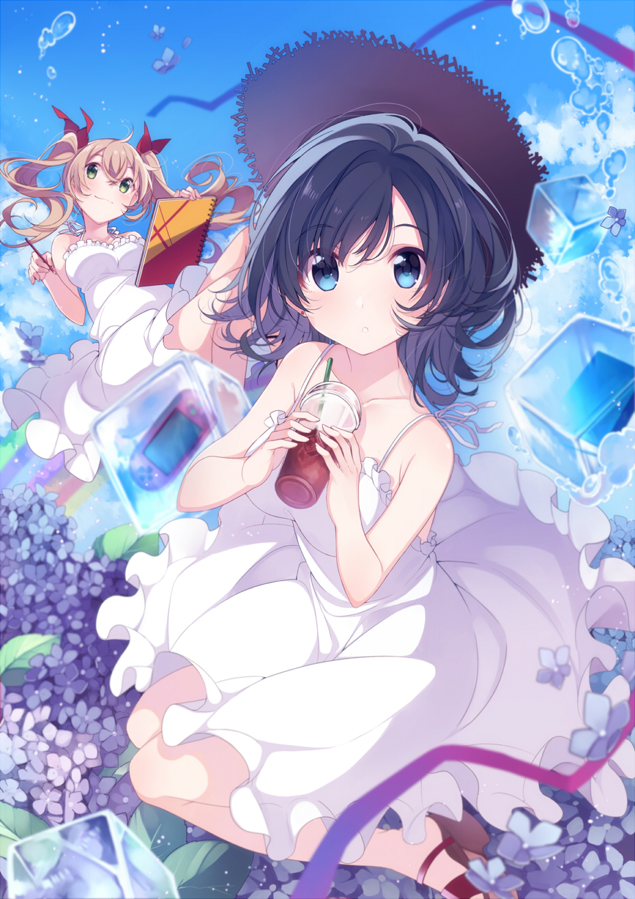 2girls :o ahoge bare_legs bare_shoulders black_hair blonde_hair blue_eyes blue_hair blue_sky blush body_blush closed_mouth clouds collarbone day dress drink ear_studs earrings eyebrows eyebrows_visible_through_hair eyelashes floating_hair flower frilled_dress frills green_eyes hair_ornament hair_ribbon handheld_game_console hat hat_removed headwear_removed highres holding_cup holding_pencil hydrangea ice ice_cube jewelry leaf long_hair looking_at_viewer multicolored_hair multiple_girls no_legwear original parted_lips pencil plant purple_flower purple_hat rainbow red_ribbon ribbon sandals short_hair sketchbook sky sleeveless sleeveless_dress smile straw_hat sundress transparent twintails two-tone_hair umiko_(munemiu) water water_drop white_dress wind