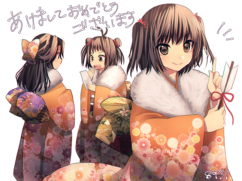 3girls arrow bow brown_hair double_bun floral_print fur_collar furisode hair_bow hair_ornament hakusai_ponzu hamaya hand_in_front_of_face japanese_clothes jintsuu_(kantai_collection) kantai_collection kimono long_hair looking_at_viewer multiple_girls naka_(kantai_collection) new_year omikuji open_mouth pointing pointing_up ribbon sendai_(kantai_collection) short_hair smile two_side_up white_background