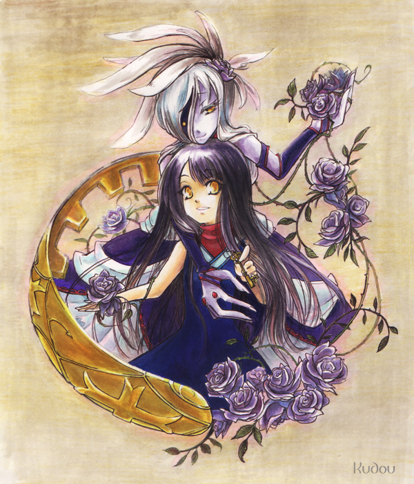 1girl ahoge beatrice_(wild_arms) black_dress breasts dress dual_persona flower hair_flower hair_ornament holding holding_flower key long_hair looking_at_viewer open_mouth purple_hair purple_rose purple_skin rose sepia_background sidelocks silver_hair sleeveless sleeveless_dress smile solo turtleneck wil0830s wild_arms wild_arms_3 yellow_eyes