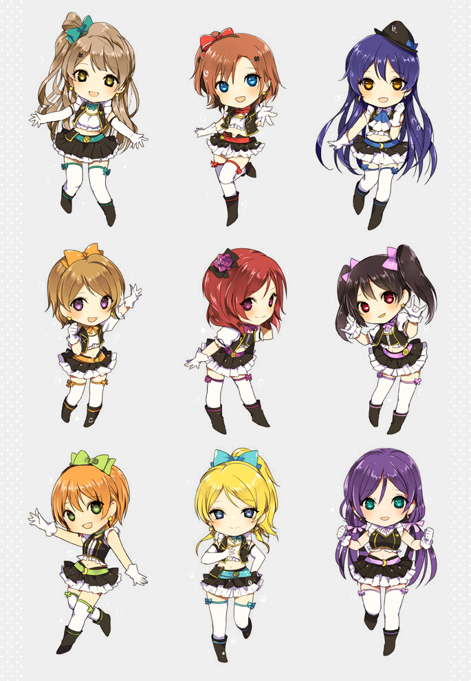 6+girls :d \m/ aqua_eyes arm_at_side arm_behind_back arm_up ayase_eli belt belt_buckle black_bow black_hair black_hat black_shoes black_skirt black_vest blonde_hair blue_bow blue_bowtie blue_eyes blue_hair blush bow bowtie brown_hair buckle chibi choker clenched_hand clenched_hands closed_mouth collared_shirt contrapposto crescent double_\m/ earrings elbow_gloves eyebrows eyebrows_visible_through_hair flower frilled_shirt frilled_sleeves frills full_body gloves green_bow green_eyes grey_background hair_between_eyes hair_bow hair_flower hair_ornament hair_rings hair_scrunchie hairband hairclip hand_gesture hand_in_hair hand_on_own_chest hat hat_bow heart heart_earrings hoshizora_rin jewelry koizumi_hanayo kousaka_honoka layered_skirt leg_up long_hair love_live!_school_idol_project low_twintails lp_(hamasa00) midriff minami_kotori multiple_girls navel nishikino_maki no_brand_girls open_clothes open_mouth open_vest orange_bow orange_bowtie orange_hair outstretched_arm outstretched_hand pink_bow pink_bowtie ponytail puffy_short_sleeves puffy_sleeves purple_bow purple_bowtie purple_rose red_bow red_bowtie redhead rose scrunchie shirt shoes short_hair short_sleeves side_ponytail simple_background skirt smile sonoda_umi spread_fingers standing standing_on_one_leg stomach thigh-highs toujou_nozomi tsurime twintails very_long_hair vest violet_eyes walking waving white_gloves white_legwear white_shirt yazawa_nico yellow_eyes zettai_ryouiki