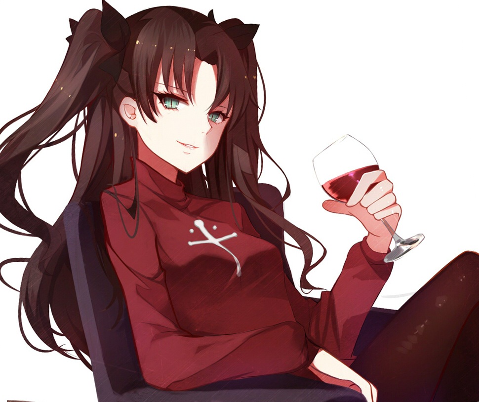 1girl alcohol armchair bangs black_legwear black_ribbon brown_hair chair cross_print crossed_legs cup drink drinking_glass fate/stay_night fate_(series) green_eyes hair_ribbon holding holding_glass lips liquid long_hair looking_at_viewer pantyhose parted_bangs parted_lips red_sweater ribbon shiguru sitting slit_pupils smirk solo sweater toosaka_rin twintails wine wine_glass