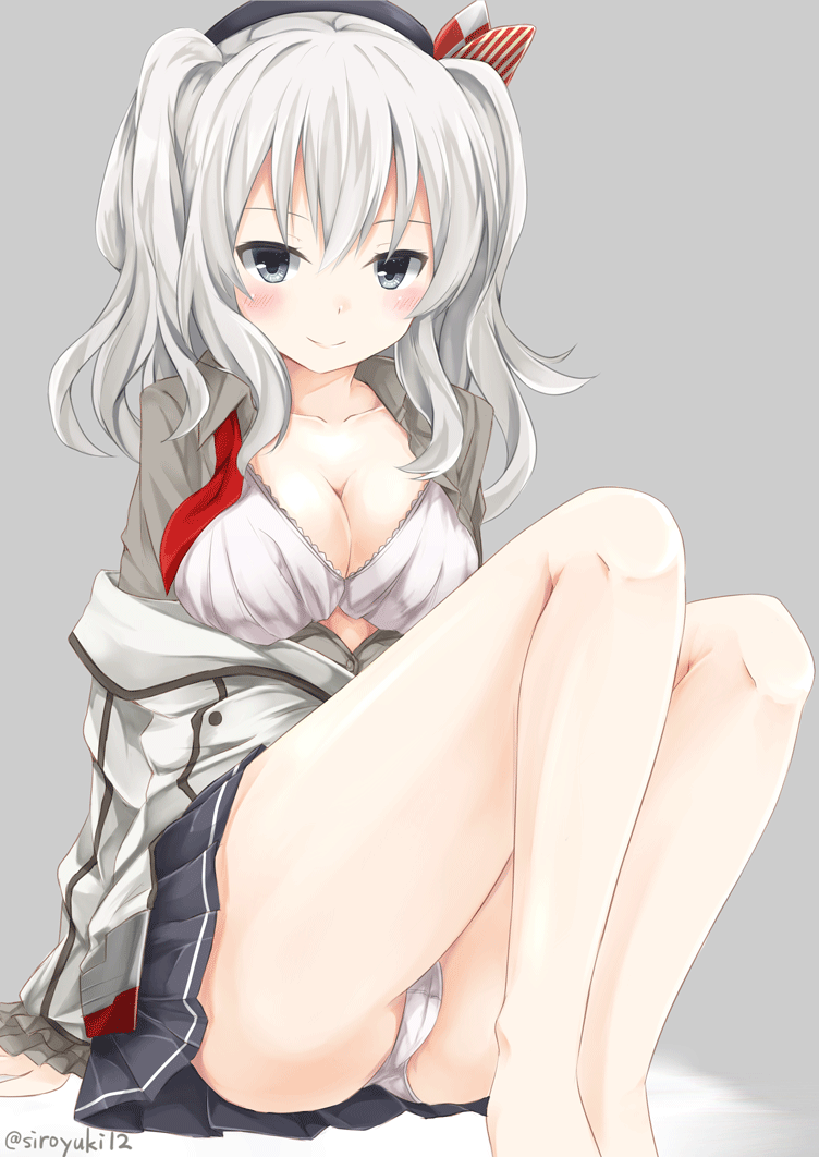 1girl bare_legs barefoot beret blush breasts cleavage collarbone frilled_sleeves frills grey_background grey_eyes grey_shirt grey_skirt hat kantai_collection kashima_(kantai_collection) knees_up large_breasts looking_at_viewer military military_uniform miniskirt off_shoulder open_clothes open_shirt panties pantyshot pantyshot_(sitting) pleated_skirt shirt sidelocks silver_hair simple_background siroyuki sitting skirt smile solo tsurime twintails twitter_username underwear uniform wavy_hair white_panties