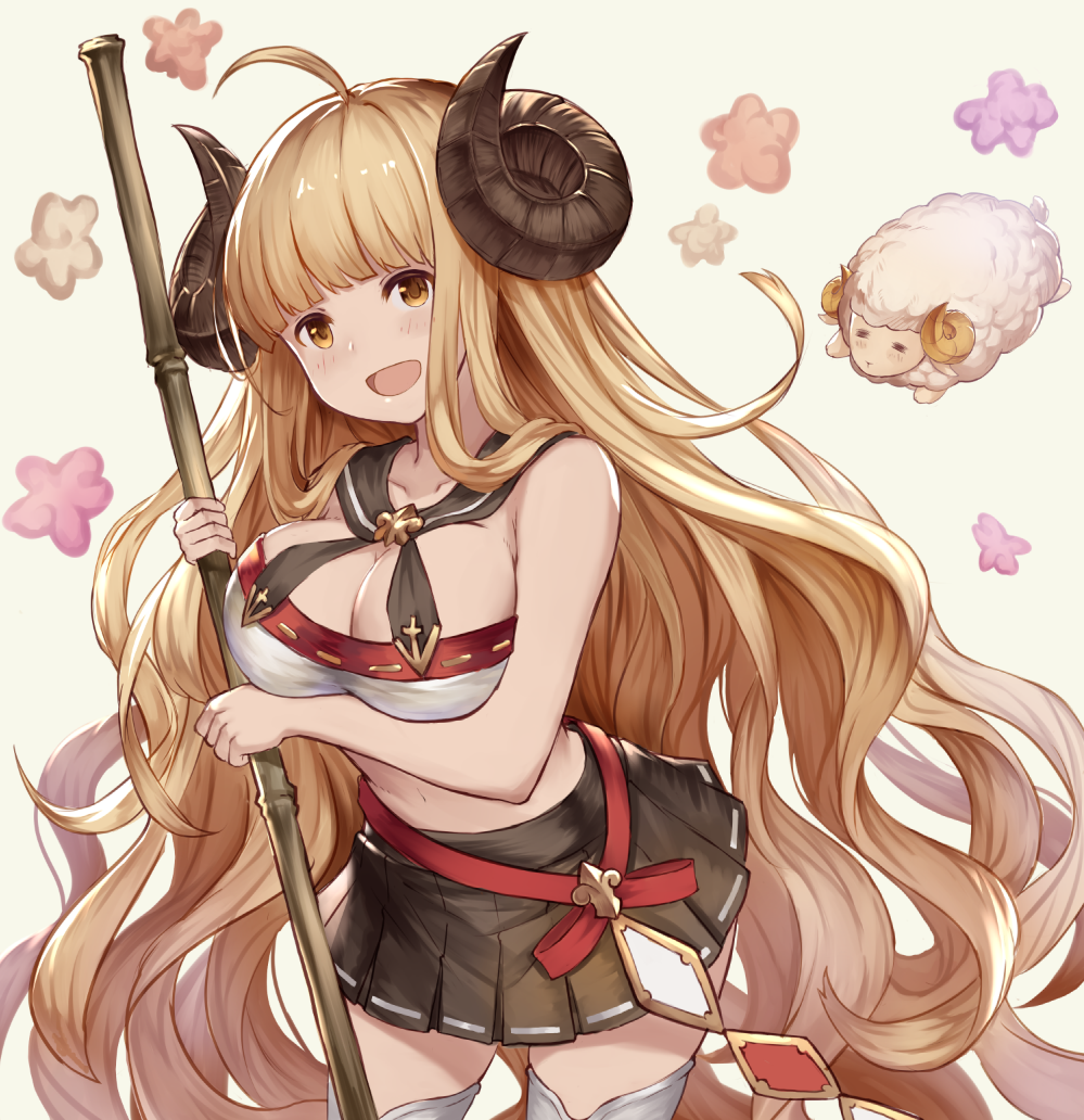 1girl :d ahoge anila_(granblue_fantasy) bamboo_broom black_skirt blonde_hair blush breasts broom cleavage granblue_fantasy horns large_breasts lialight long_hair looking_at_viewer midriff open_mouth pleated_skirt sheep sheep_horns skirt smile solo standing very_long_hair yellow_eyes