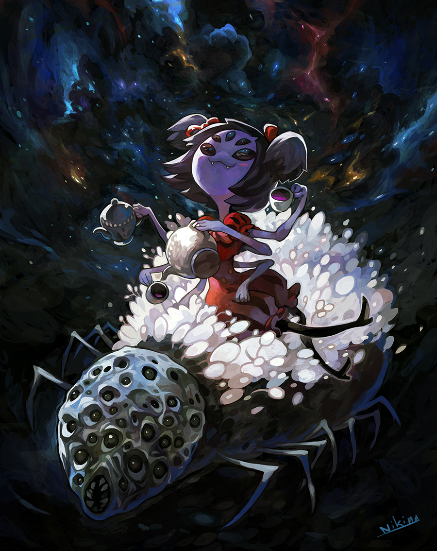 1girl :3 artist_name black_hair bloodborne blush_stickers cup extra_eyes fangs hair_ribbon insect_girl looking_up monster muffet niking pouring puffy_short_sleeves puffy_sleeves purple_skin ribbon rom_the_vacuous_spider short_sleeves short_twintails sitting spider_girl star_(sky) teacup teapot twintails undertale