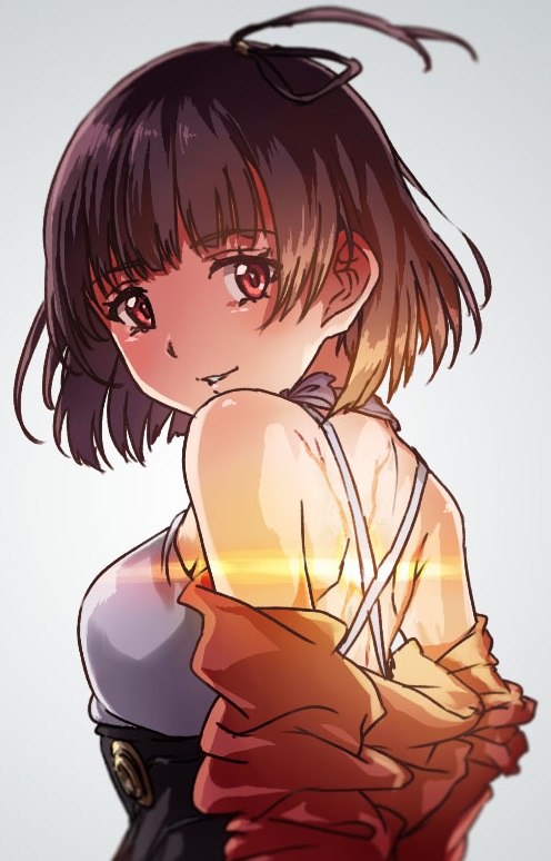1girl ahoge ayano_yuu_(sonma_1426) brown_eyes brown_hair from_behind japanese_clothes kimono koutetsujou_no_kabaneri light_rays looking_at_viewer looking_back looking_to_the_side mumei_(kabaneri) parted_lips short_hair shoulder_blades simple_background smile solo spoilers twintails undressing upper_body white_background