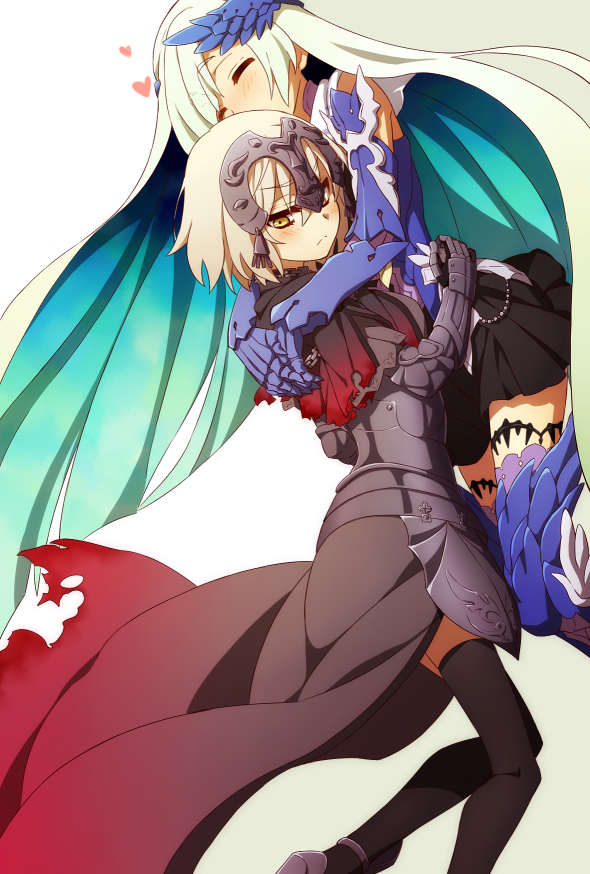 2girls aqua_eyes armor blonde_hair blush fate/grand_order fate/prototype fate/prototype:_fragments_of_blue_and_silver fate_(series) gradient_hair headpiece hug jeanne_alter lancer_(fate/prototype_fragments) long_hair multicolored_hair multiple_girls oiun polearm ruler_(fate/apocrypha) ruler_(fate/grand_order) silver_hair smile thigh-highs very_long_hair violet_eyes weapon yellow_eyes yuri