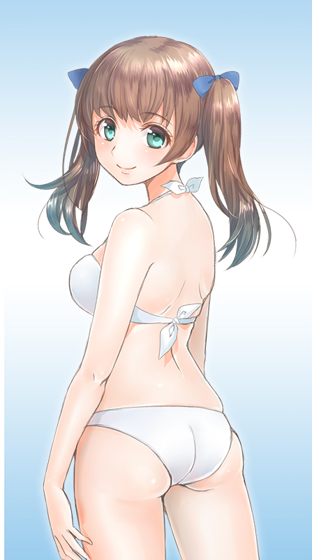 1girl aqua_eyes ass bikini brown_hair georgette_lemare hair_ribbon looking_at_viewer ribbon smile solo strike_witches swimsuit totonii_(totogoya) twintails white_bikini