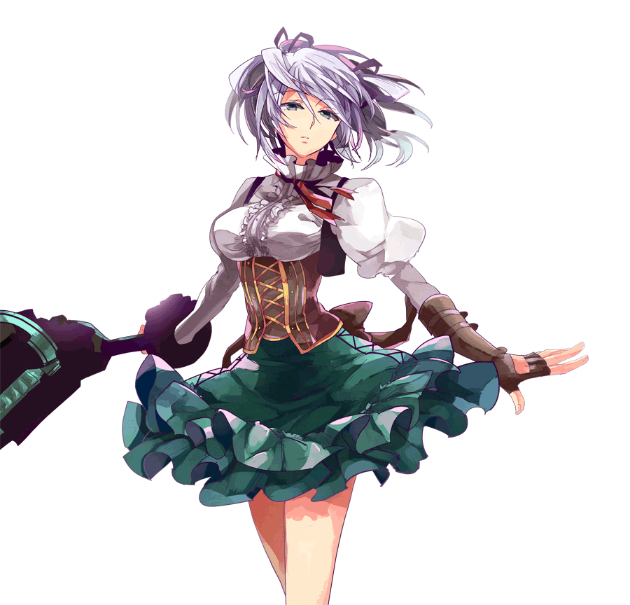 1girl bare_legs black_gloves black_ribbon blue_eyes breasts center_opening ciel_alencon corset cowboy_shot expressionless fingerless_gloves gloves god_eater god_eater_2:_rage_burst green_skirt hair_between_eyes hair_ribbon head_tilt holding holding_weapon ishiwari large_breasts layered_skirt looking_at_viewer messy_hair parted_lips red_ribbon ribbon shirt short_hair silver_hair simple_background skirt solo turtleneck white_background white_shirt wrist_cuffs