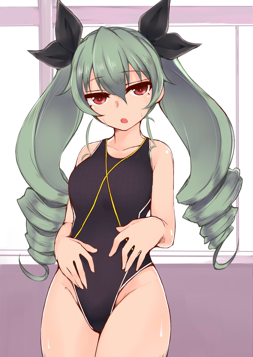 1girl akitsuchi_shien anchovy bare_arms bare_shoulders black_ribbon blue_swimsuit collarbone competition_swimsuit cowboy_shot drill_hair eyebrows eyebrows_visible_through_hair girls_und_panzer groin hair_between_eyes hair_ribbon hands_on_hips head_tilt highres indoors legs_together long_hair looking_at_viewer one-piece_swimsuit open_mouth red_eyes ribbon silver_hair skin_tight solo standing sweat sweatdrop swimsuit tsurime twin_drills twintails very_long_hair window