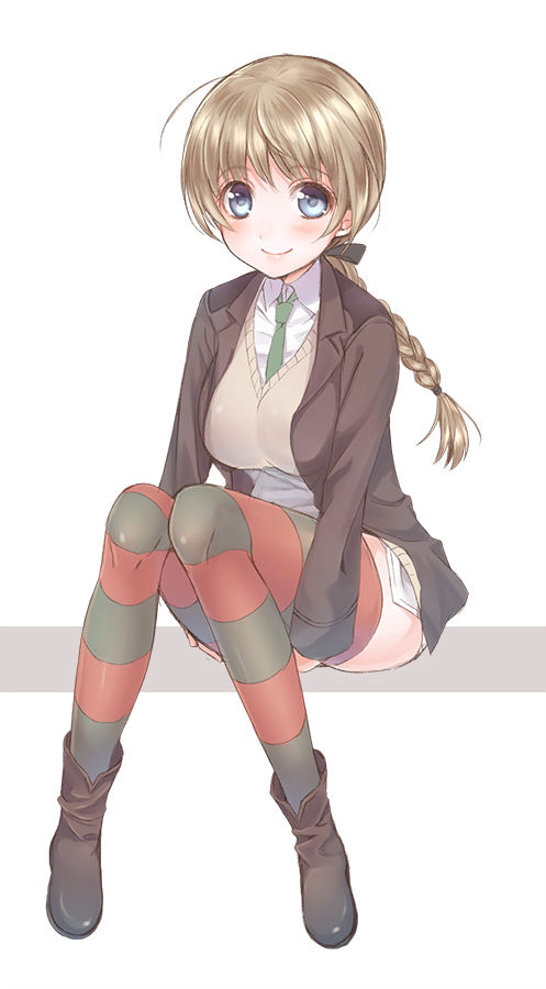 1girl ahoge blue_eyes braid breasts brown_hair hair_ribbon hands_under_legs jacket large_breasts long_hair looking_at_viewer lynette_bishop military military_uniform necktie open_clothes open_jacket ribbon simple_background sitting sleeves_past_wrists smile solo strike_witches striped striped_legwear totonii_(totogoya) uniform